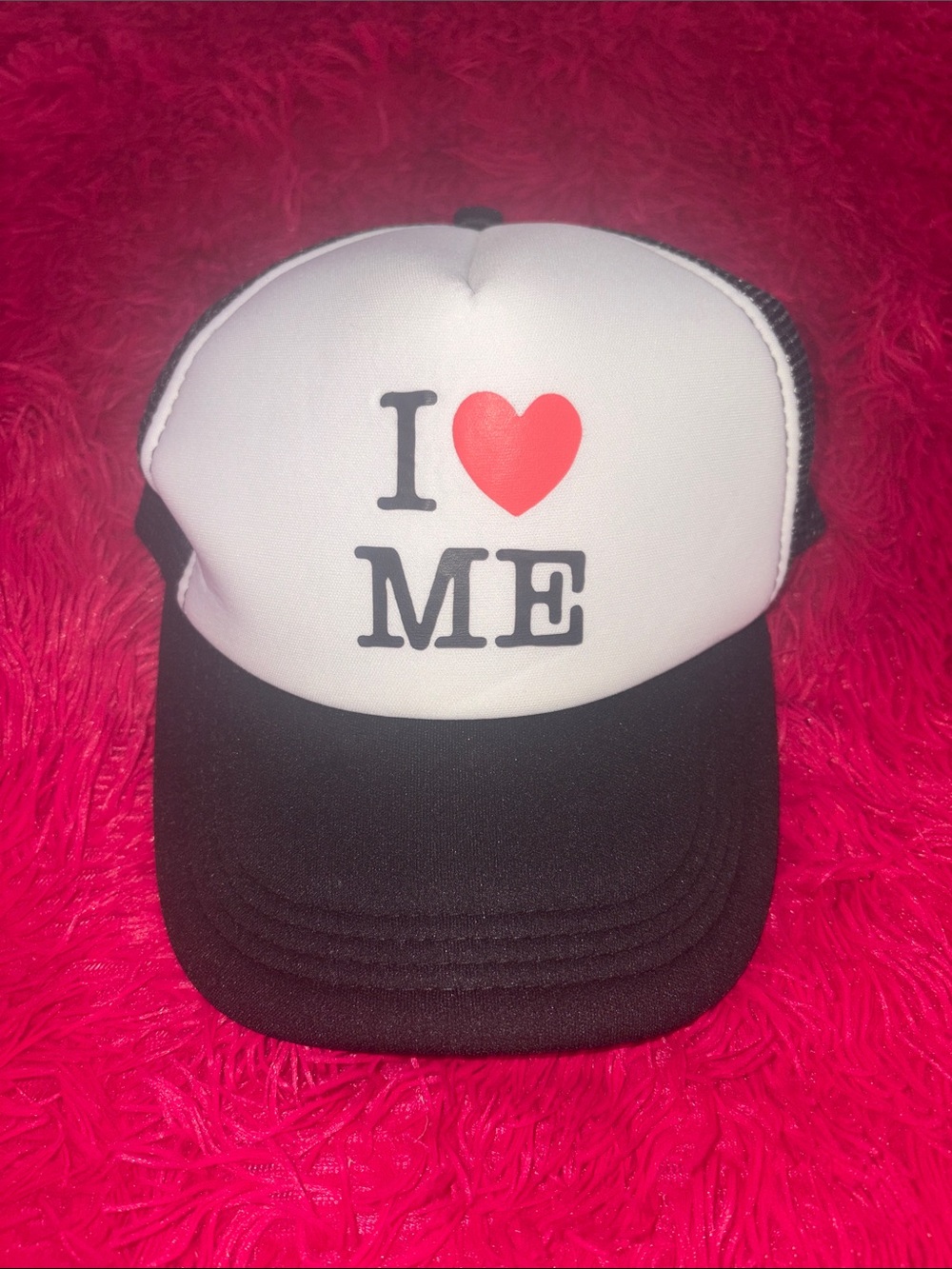 I Love Me Hat- Black & White with Red Heart